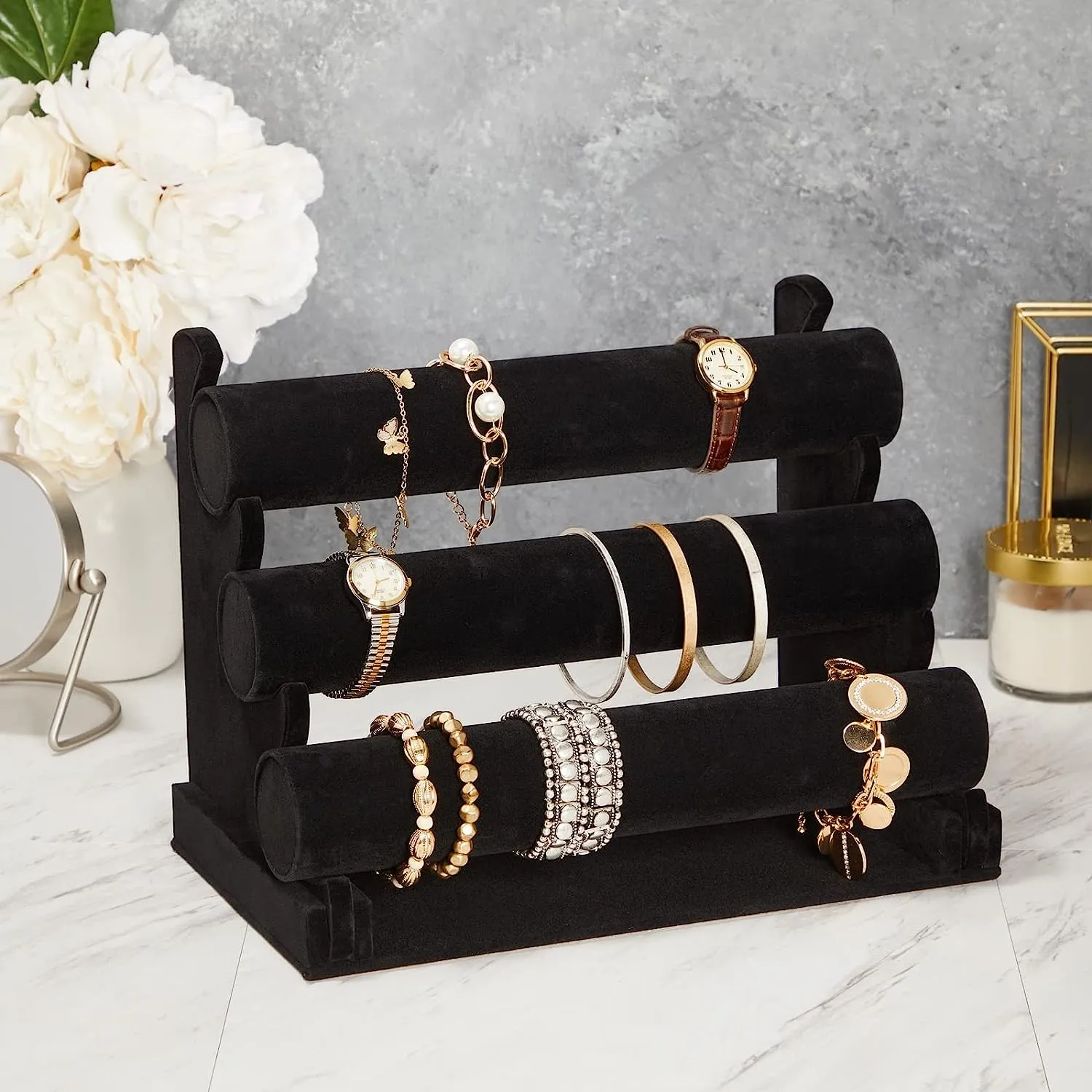 3 Tier Black Velvet Watch & Jewellery Stand