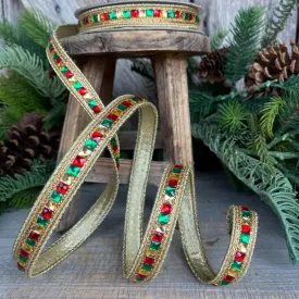 3/4" Red Green Gold Jeweled Ribbon, Farrisilk Ribbon