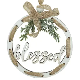 5" "Blessed" Wood Open Ornament in White/Natural | TA