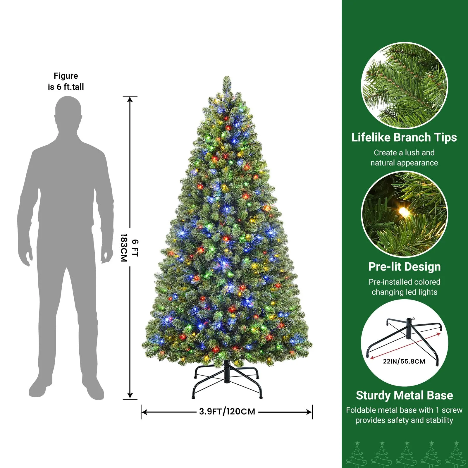 6ft Prelit Artificial Hinged Warm White & Color LED Changing Lights Christmas Tree with Remote