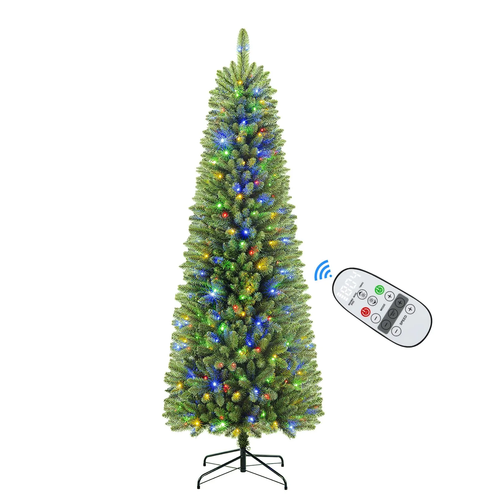 7ft Prelit Warm White & Multi-Color Lights Artificial Hinged Slim Pencil Christmas Tree with Remote Control