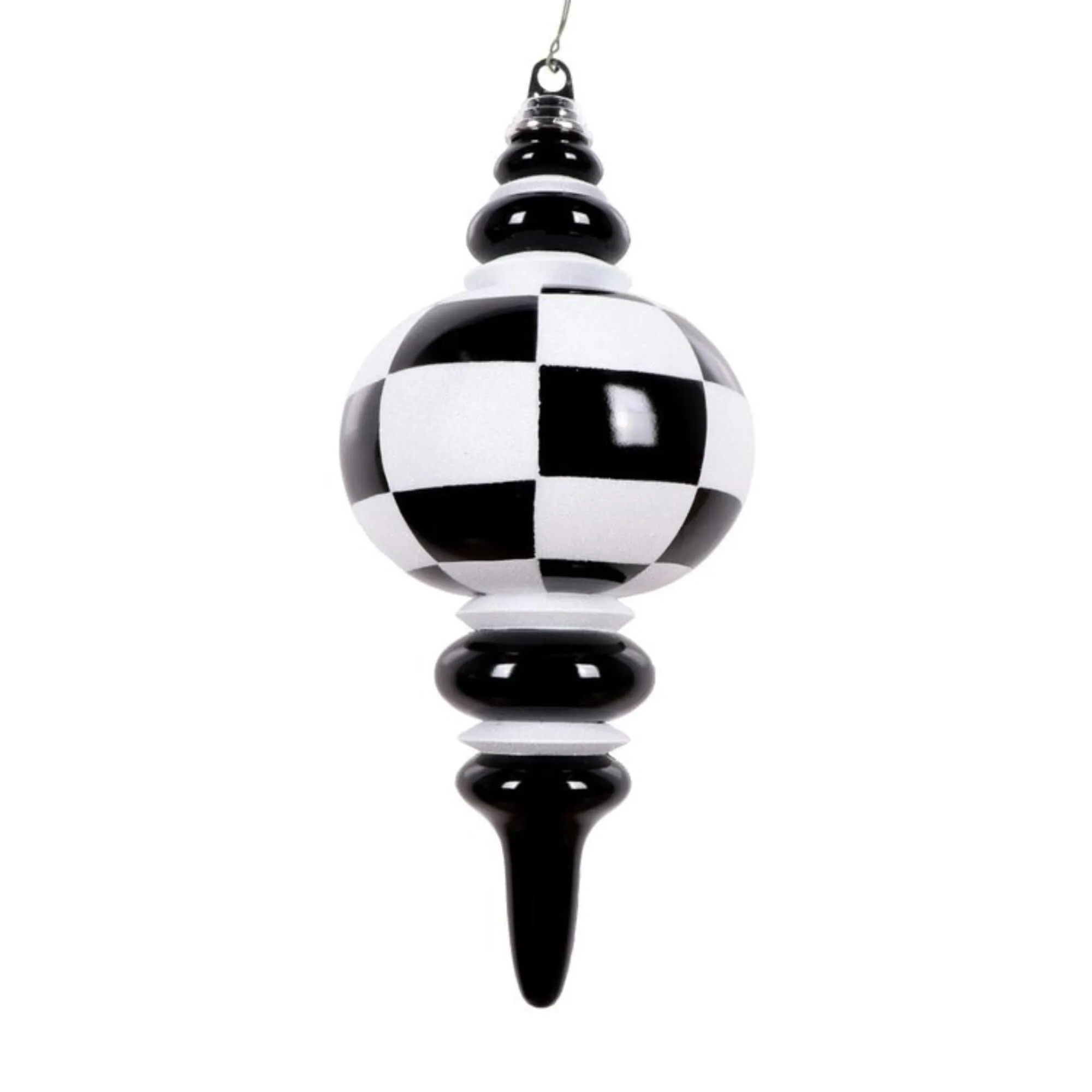 7" Black White Finial, Checkered Ornament