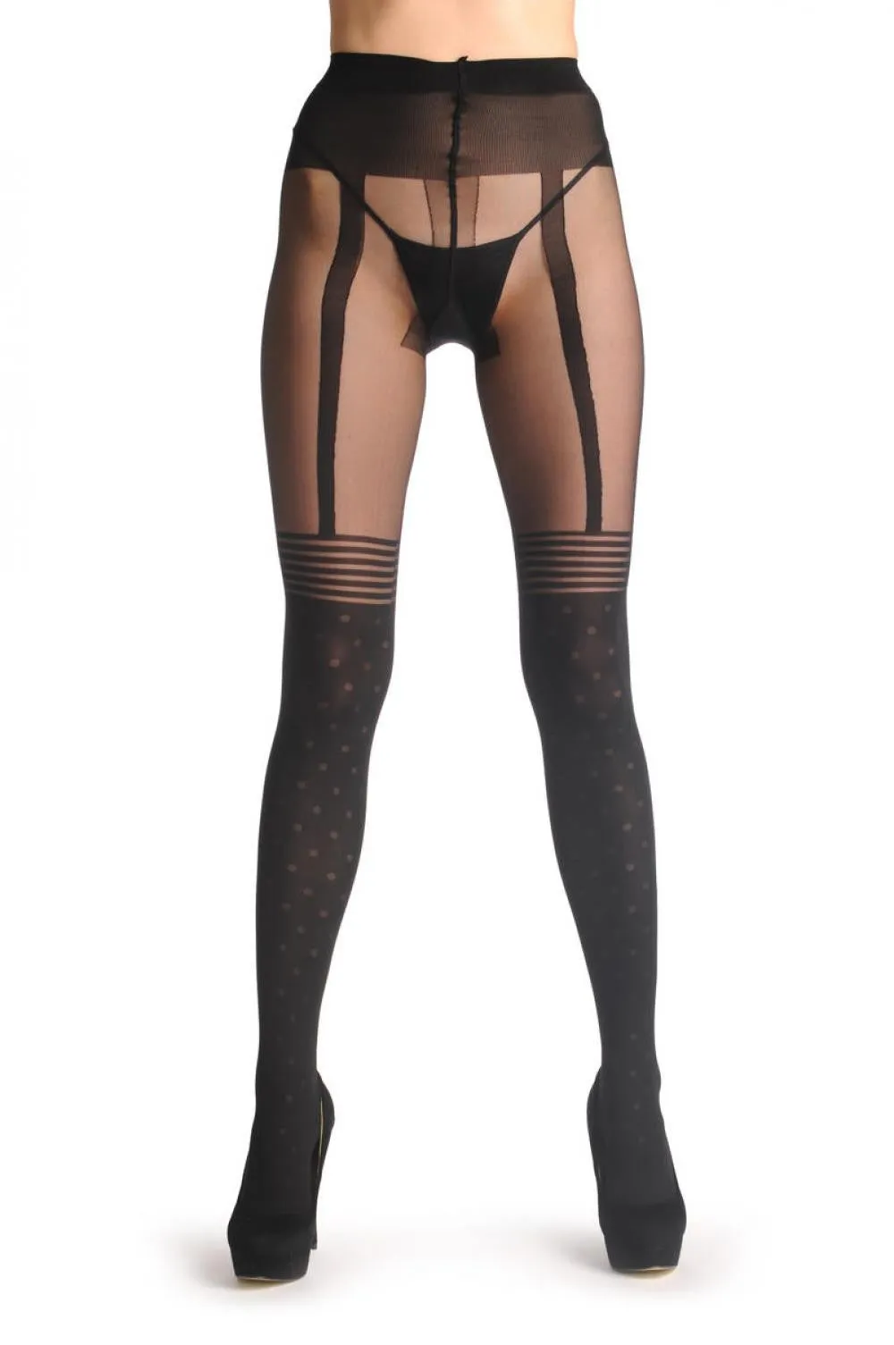 Black Faux Suspender Dotted Tights With Striped Top 60 Den