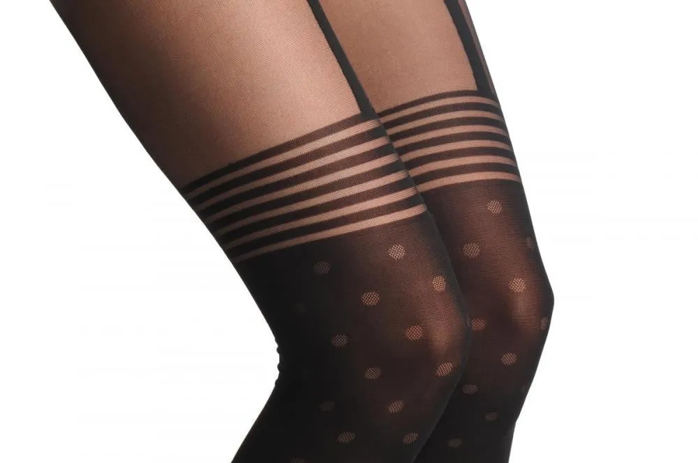 Black Faux Suspender Dotted Tights With Striped Top 60 Den