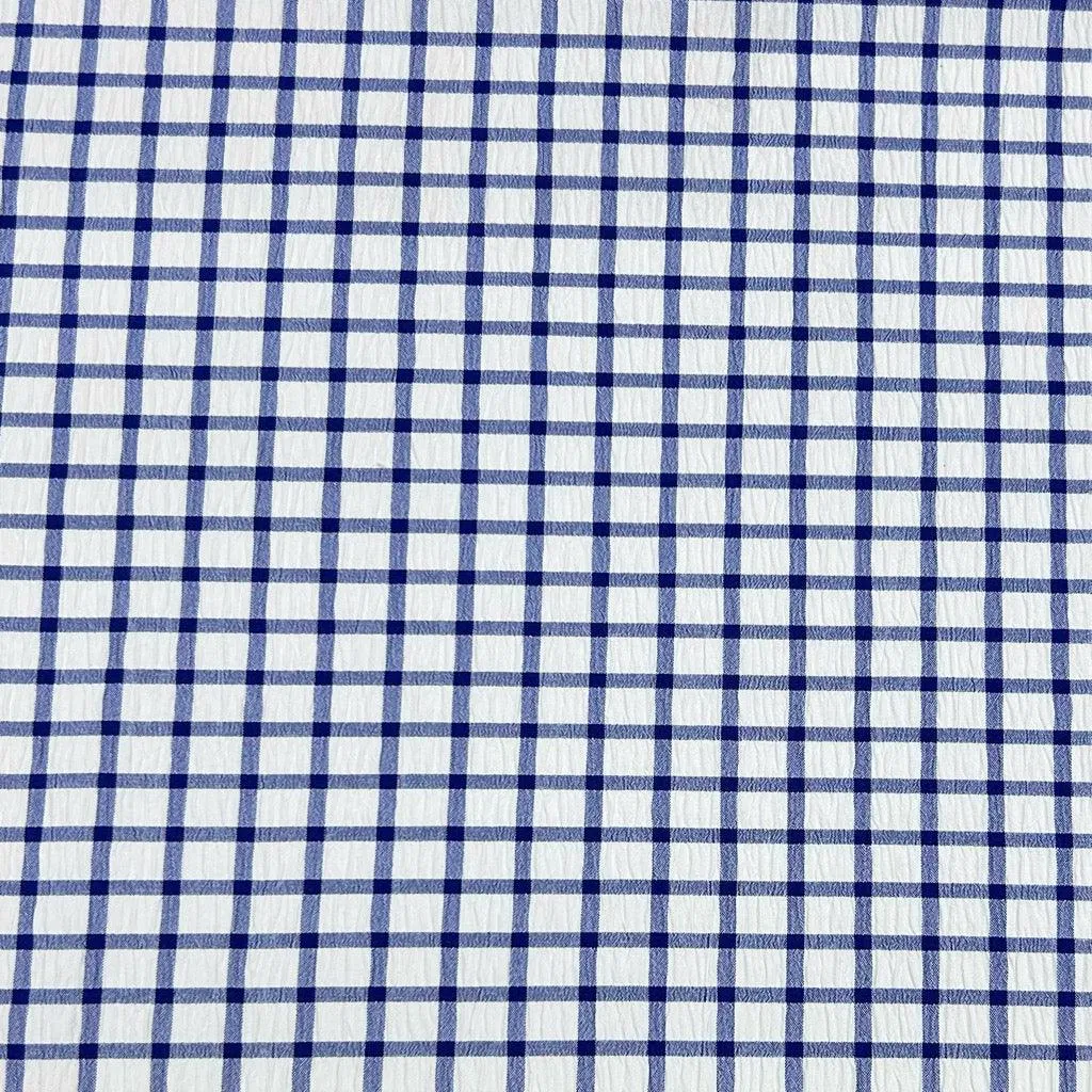 Blue and White Checkered Crinkle Polyester Fabric