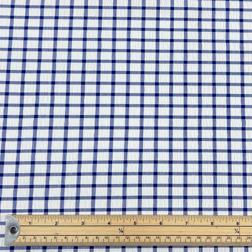 Blue and White Checkered Crinkle Polyester Fabric