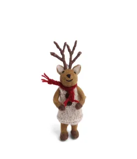 Christmas Decoration Small Brown Girly Deer with Grey Dress and Scarf