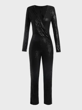 Deep V-Neck Sequined Jumpsuit (Black)