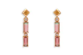 Earrings 18kt Gold Double Bicolor Tourmaline Sapphires & Diamonds