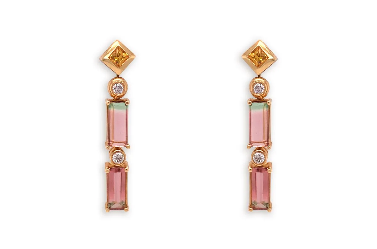 Earrings 18kt Gold Double Bicolor Tourmaline Sapphires & Diamonds