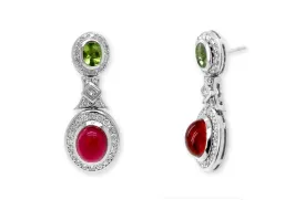 Earrings Peridot & Tourmaline Cabochons with Diamonds