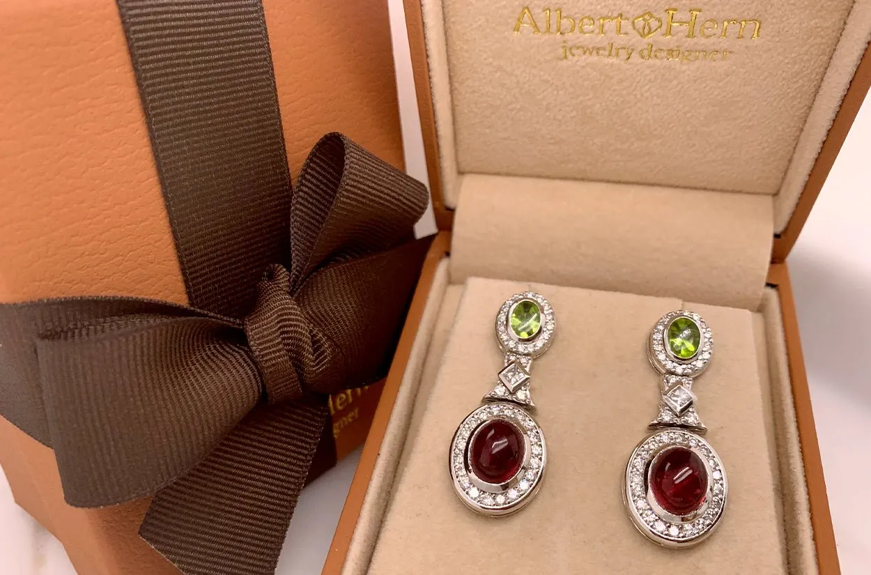 Earrings Peridot & Tourmaline Cabochons with Diamonds