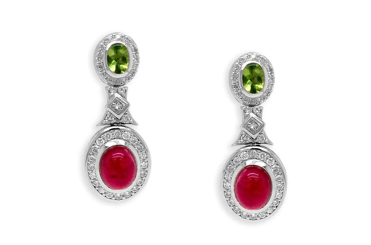 Earrings Peridot & Tourmaline Cabochons with Diamonds