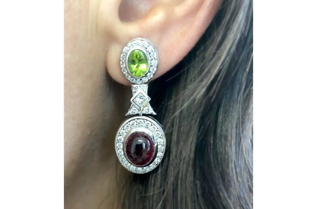 Earrings Peridot & Tourmaline Cabochons with Diamonds