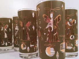 Fred Press - Signed Mid-Century Green & 22-Karat Gold Christmas Angel Glasses (Set of 7)