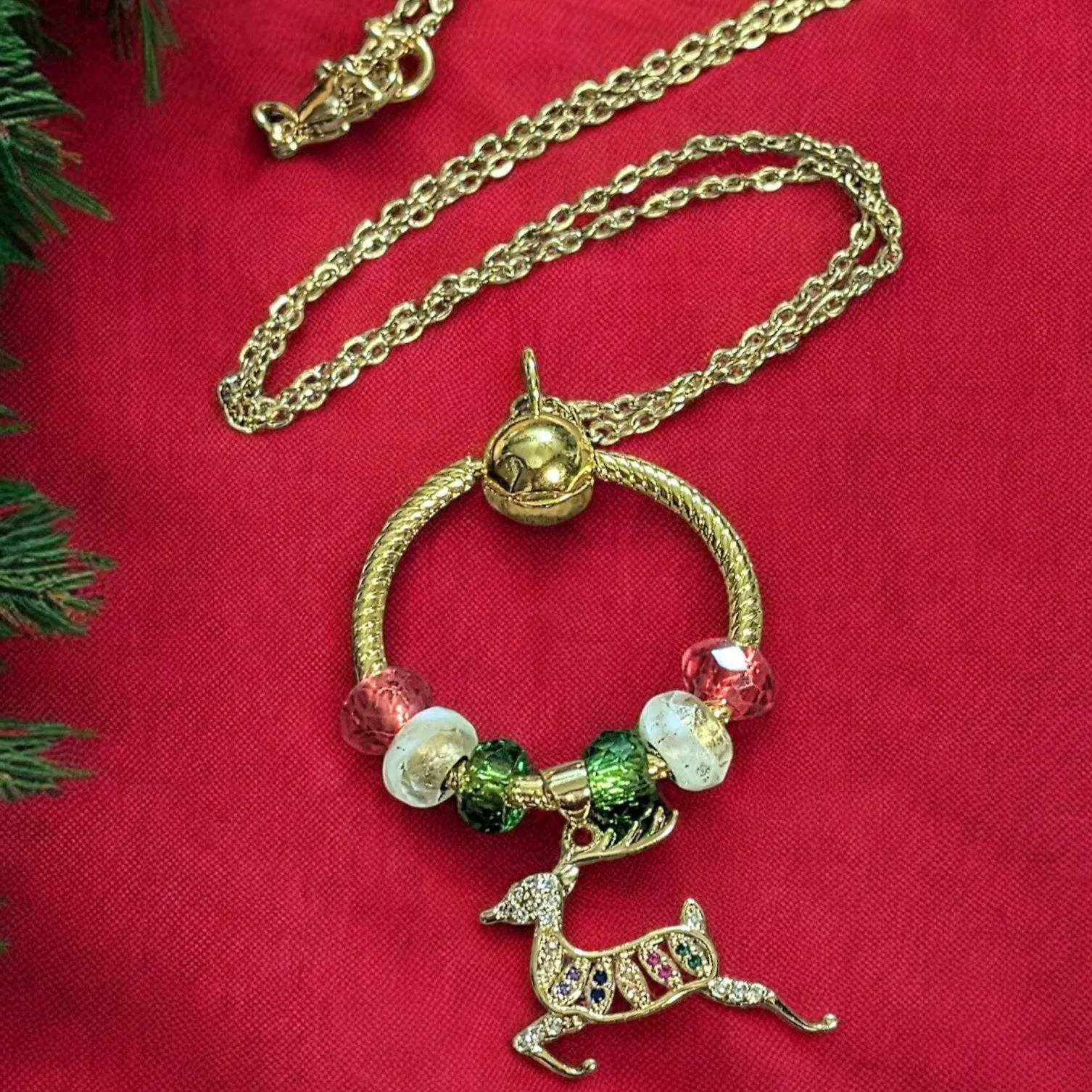 Gold Reindeer Charm Keeper Necklace, Approx. 26 inches