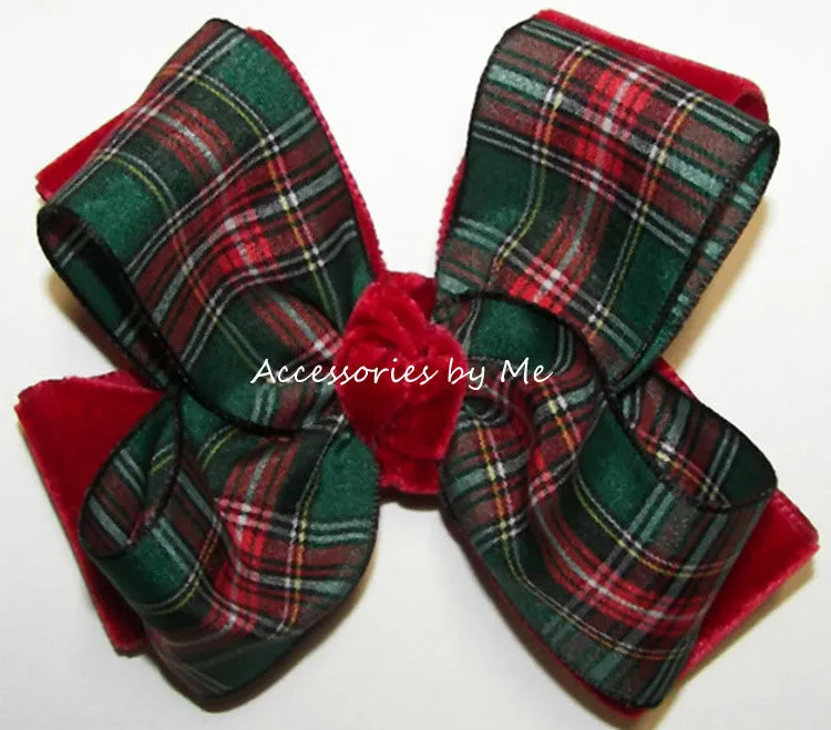 Green Tartan Plaid Red Velvet Hair Bow