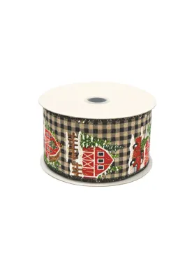 Landmark Christmas Linen Ribbon 2.5" x 5 yards with Checkered House Design