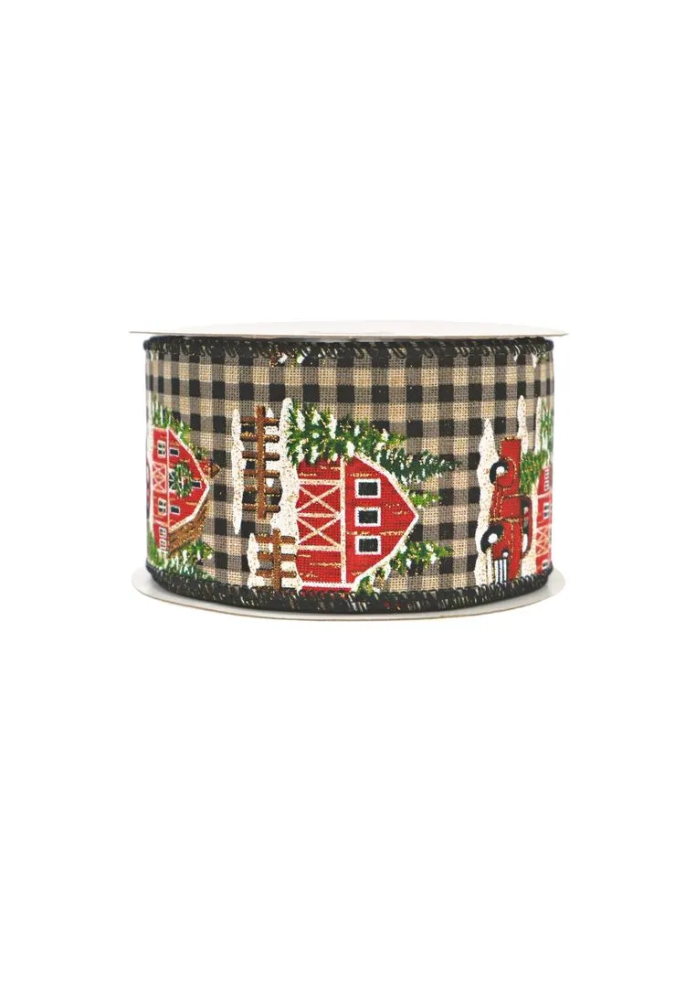 Landmark Christmas Linen Ribbon 2.5" x 5 yards with Checkered House Design