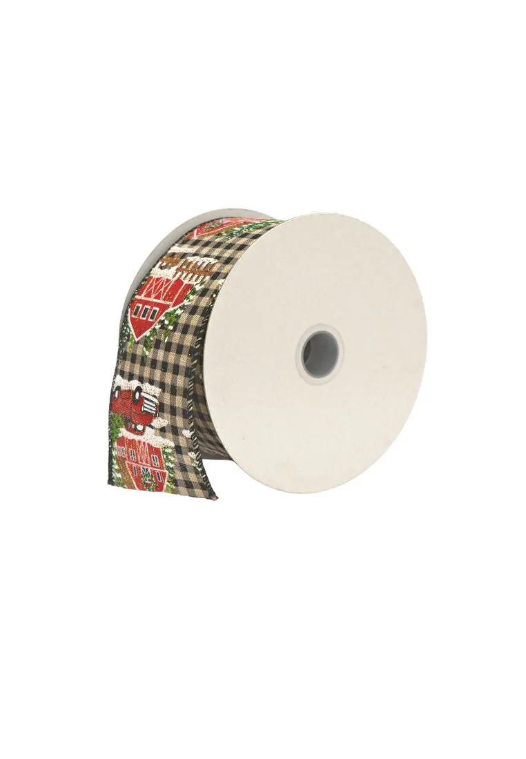 Landmark Christmas Linen Ribbon 2.5" x 5 yards with Checkered House Design