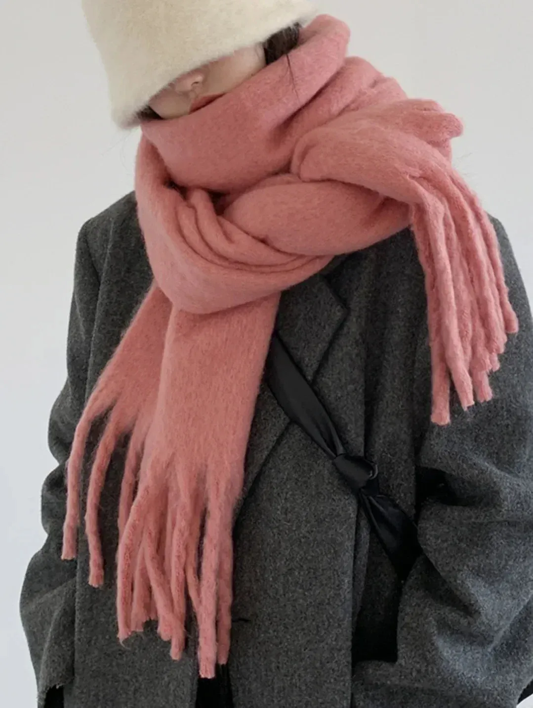 Mohair Winter Scarf - Solid Color, Thickened Wool, Fringed