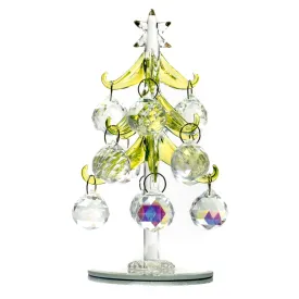 Tabletop Green Christmas Tree Glass with 12 Crystal Round Removable Ornaments - Christmas Holiday Décor Collection, 6" h